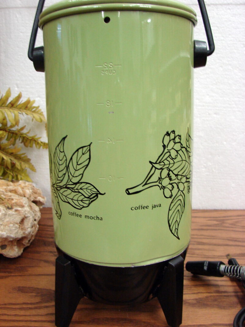 Vintage MIRRO-MATIC 22 Cup Automatic Electric Coffee Percolator Green Icons, Moose-R-Us.Com Log Cabin Decor