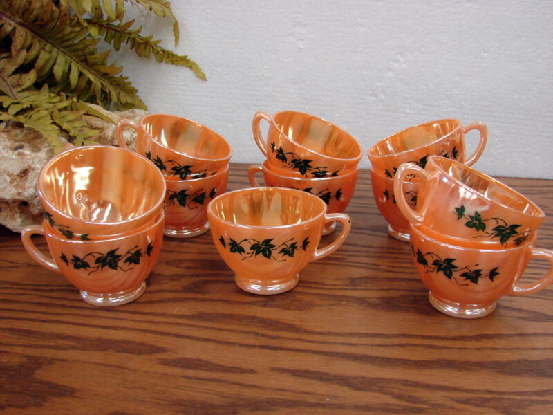 Vintage Anchor Hocking Fire King Peach Lustre Green Ivy Coffee Tea Cups Set/11, Moose-R-Us.Com Log Cabin Decor