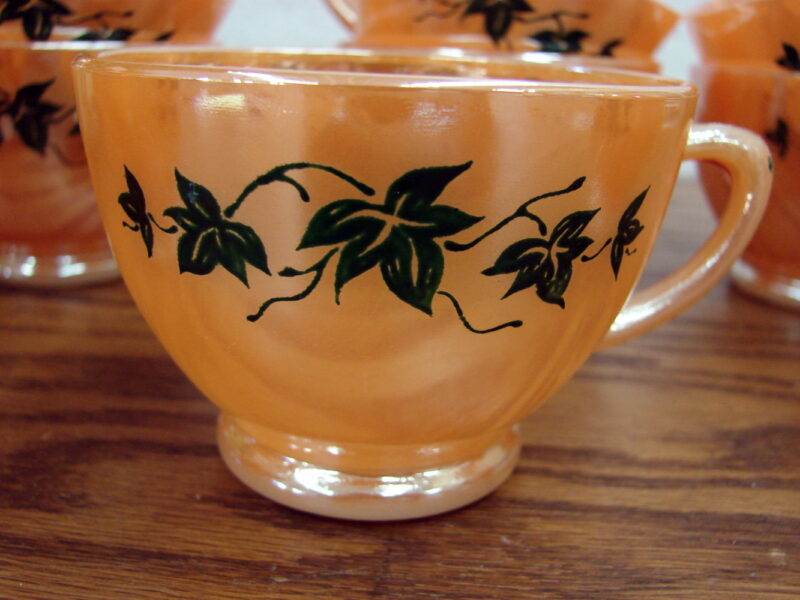 Vintage Anchor Hocking Fire King Peach Lustre Green Ivy Coffee Tea Cups Set/11, Moose-R-Us.Com Log Cabin Decor