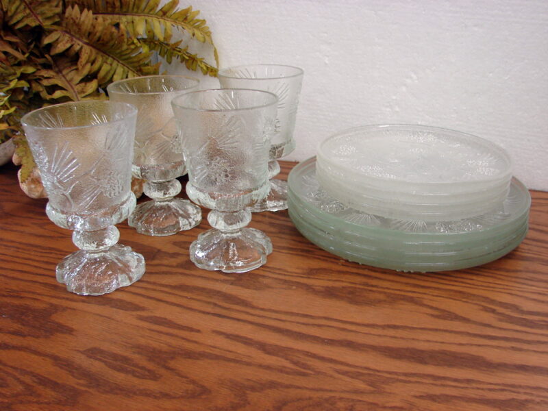 Vintage Indiana Glass Clear Tiara Ponderosa Pine Embossed Lunch Set 12 Pcs, Moose-R-Us.Com Log Cabin Decor