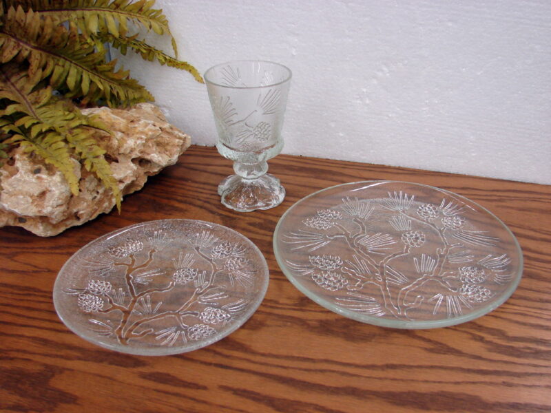 Vintage Indiana Glass Clear Tiara Ponderosa Pine Embossed Lunch Set 12 Pcs, Moose-R-Us.Com Log Cabin Decor