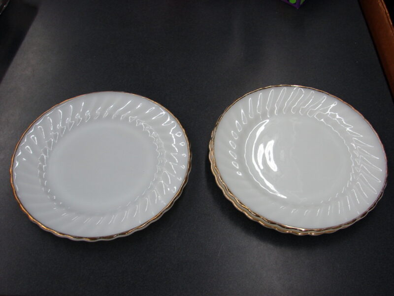 Vintage Anchor Hocking Fire King Milk Glass Gold Trim 10&#8243; Scallop Edge Plate Set/3, Moose-R-Us.Com Log Cabin Decor