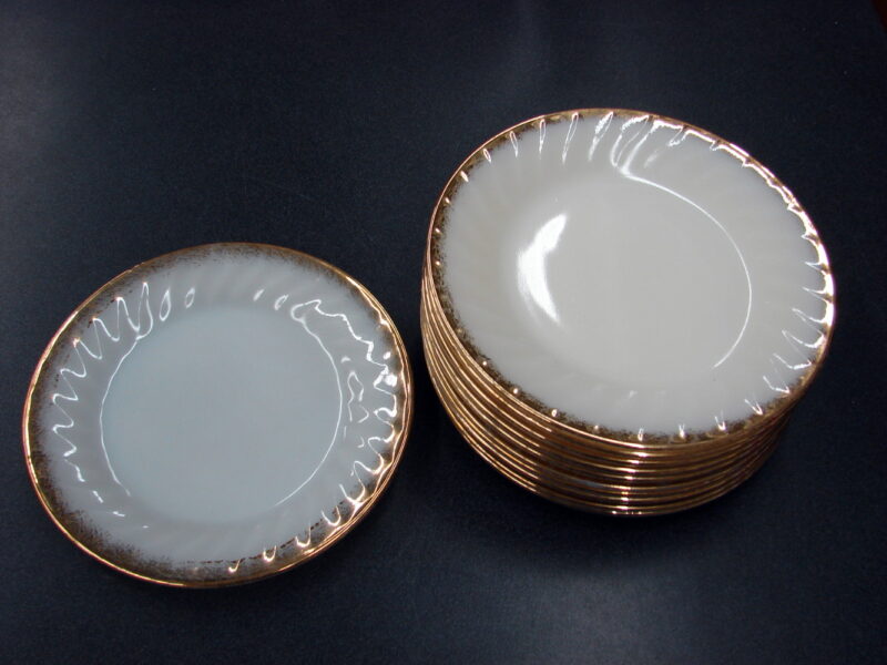 Vintage Anchor Hocking Fire King Milk Glass Gold Trim 7 3/4&#8243; Plate Set/11, Moose-R-Us.Com Log Cabin Decor