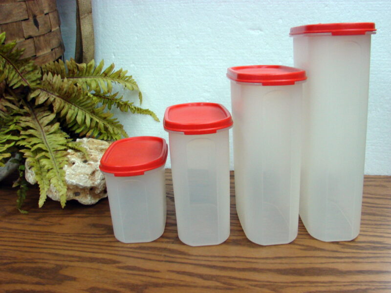 Vintage Tupperware Set/4 Modular Mates Orange/Red Lids 1612 1613 1614 1615, Moose-R-Us.Com Log Cabin Decor