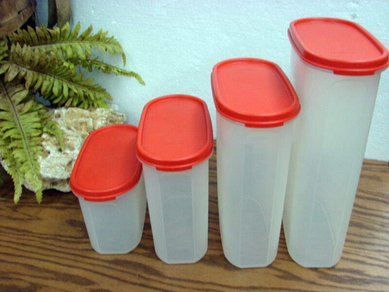 Vintage Tupperware Set/4 Modular Mates Orange/Red Lids 1612 1613 1614 1615, Moose-R-Us.Com Log Cabin Decor