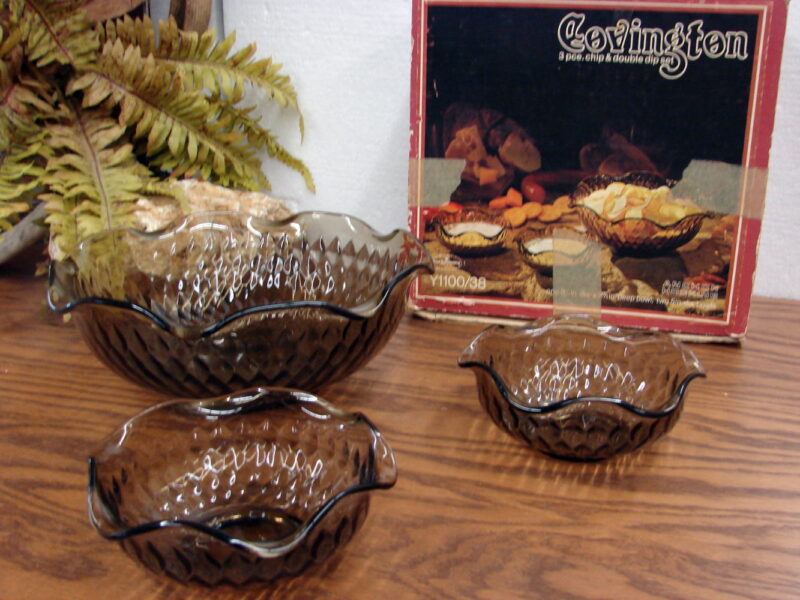 Vintage Anchor Hocking Covington 3 Pc Smoke Brown Glass Dip Set Original Box, Moose-R-Us.Com Log Cabin Decor