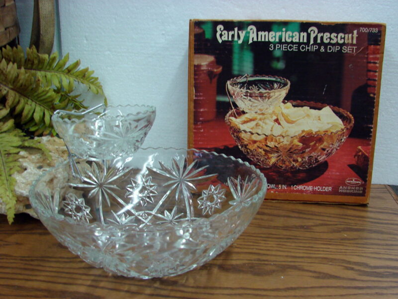 Vintage Anchor Hocking Early American Prescut 3 Pc Dip Set Original Box, Moose-R-Us.Com Log Cabin Decor