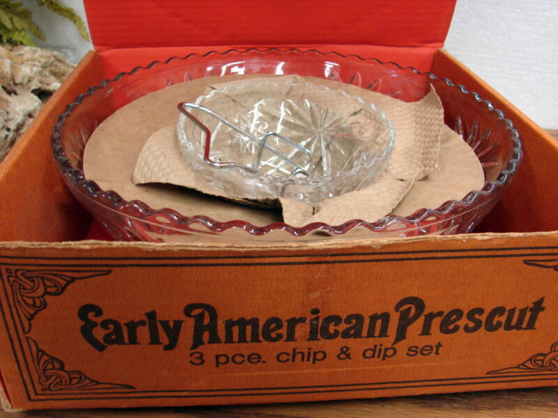 Vintage Anchor Hocking Early American Prescut 3 Pc Dip Set Original Box, Moose-R-Us.Com Log Cabin Decor