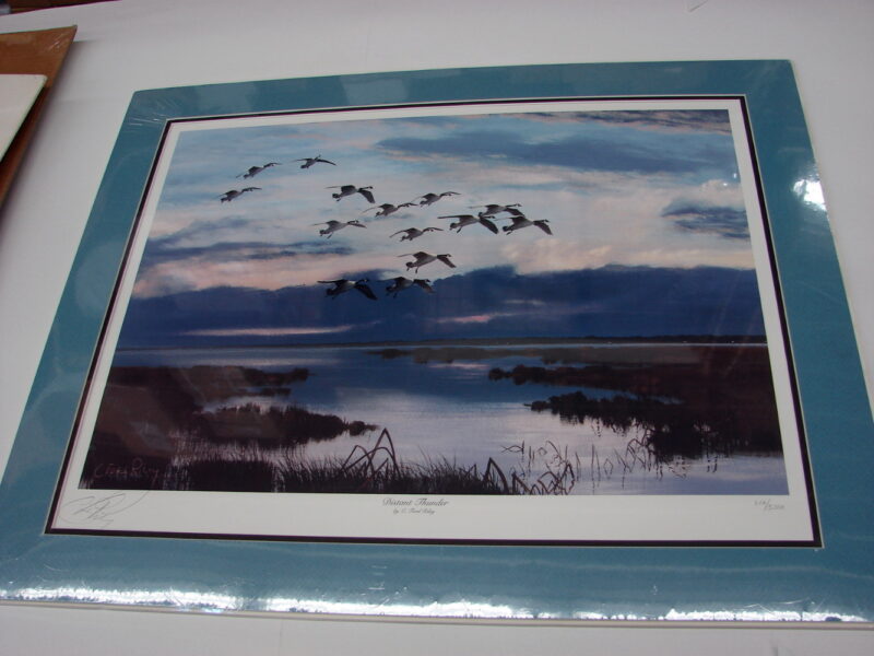 NOS Print C. Ford Riley Distant Thunder Canadian Geese Matted Ready to Frame, Moose-R-Us.Com Log Cabin Decor