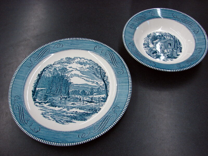 Vintage Currier &#038; Ives China by Royal 12&#8243; Plate Platter and 9 1/4&#8243; Bowl Set, Moose-R-Us.Com Log Cabin Decor