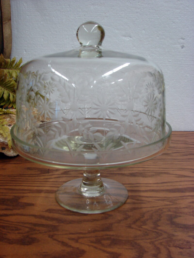 Vintage Pedestal Cake Stand Floral Etched Domed Lid Crystal Clear Glass, Moose-R-Us.Com Log Cabin Decor