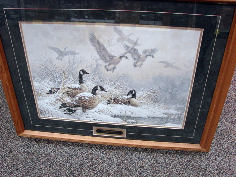 NOS Framed Matted Print Larry Fanning Winter Retreat Canada Geese Snow, Moose-R-Us.Com Log Cabin Decor