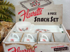 Vintage Federal Glass Milk Glass Chalet Cottage 8 Pc Snack Set Original Box, Moose-R-Us.Com Log Cabin Decor