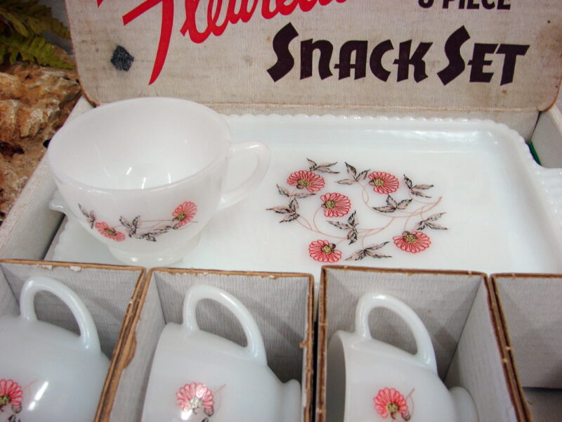 Vintage Fire King Fleurette Milk Glass Pink Flower 8 Pc Snack Set Original Box, Moose-R-Us.Com Log Cabin Decor