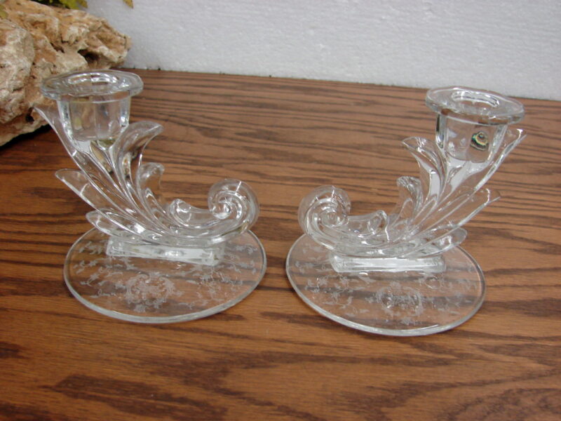 Vintage Set/2 Fostoria Navarre Etched Baroque Candle Stick Holders, Moose-R-Us.Com Log Cabin Decor