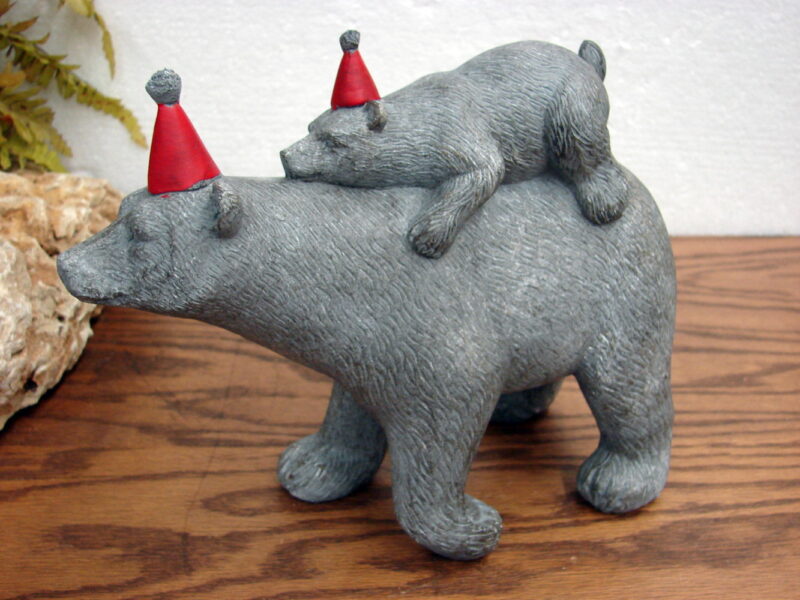 Cement Look Polar Bear Mother and Cub w/ Red Stocking Caps 9 x 7, Moose-R-Us.Com Log Cabin Decor