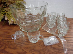 Vintage Jeanette Glass Fruit Design Punch Bowl w/ 21 Cups, Moose-R-Us.Com Log Cabin Decor