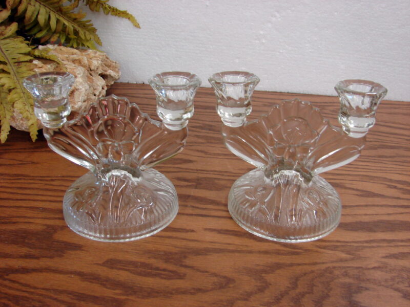 Pair Vintage Jeanette Glass Clear Iris Herringbone Candelabra Candle Holders, Moose-R-Us.Com Log Cabin Decor