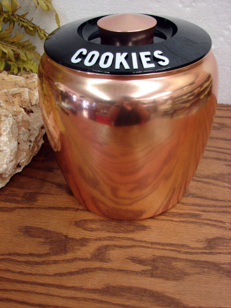 Vintage 1950&#8217;s Kromex Copper Cookie Jar NOS Label Sticker Never Used, Moose-R-Us.Com Log Cabin Decor