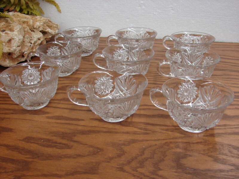 Vintage Glass Lancaster EAPG Punch Cups Set/9 Clear Patterned, Moose-R-Us.Com Log Cabin Decor