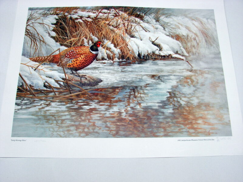 NOS Print Wee Lee Early Morning Thirst Ringneck Pheasant 1992 Canada Print of the Year, Moose-R-Us.Com Log Cabin Decor