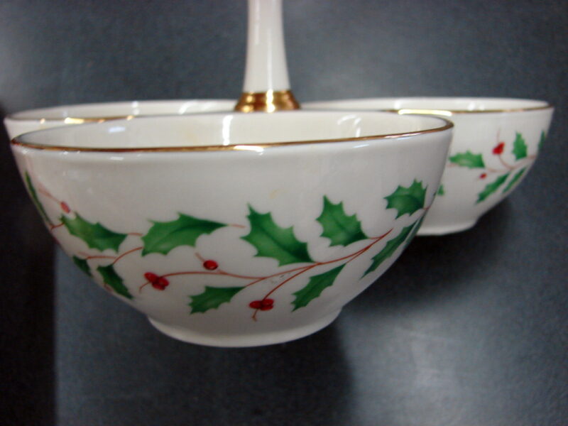 Lenox Holiday 3 Part Condiment Server Holly Gold Trim Center Handle Nuts Candy, Moose-R-Us.Com Log Cabin Decor