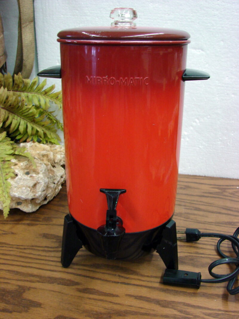 Vintage MIRRO-MATIC 22 Cup Automatic Electric Coffee Percolator Red Fade, Moose-R-Us.Com Log Cabin Decor