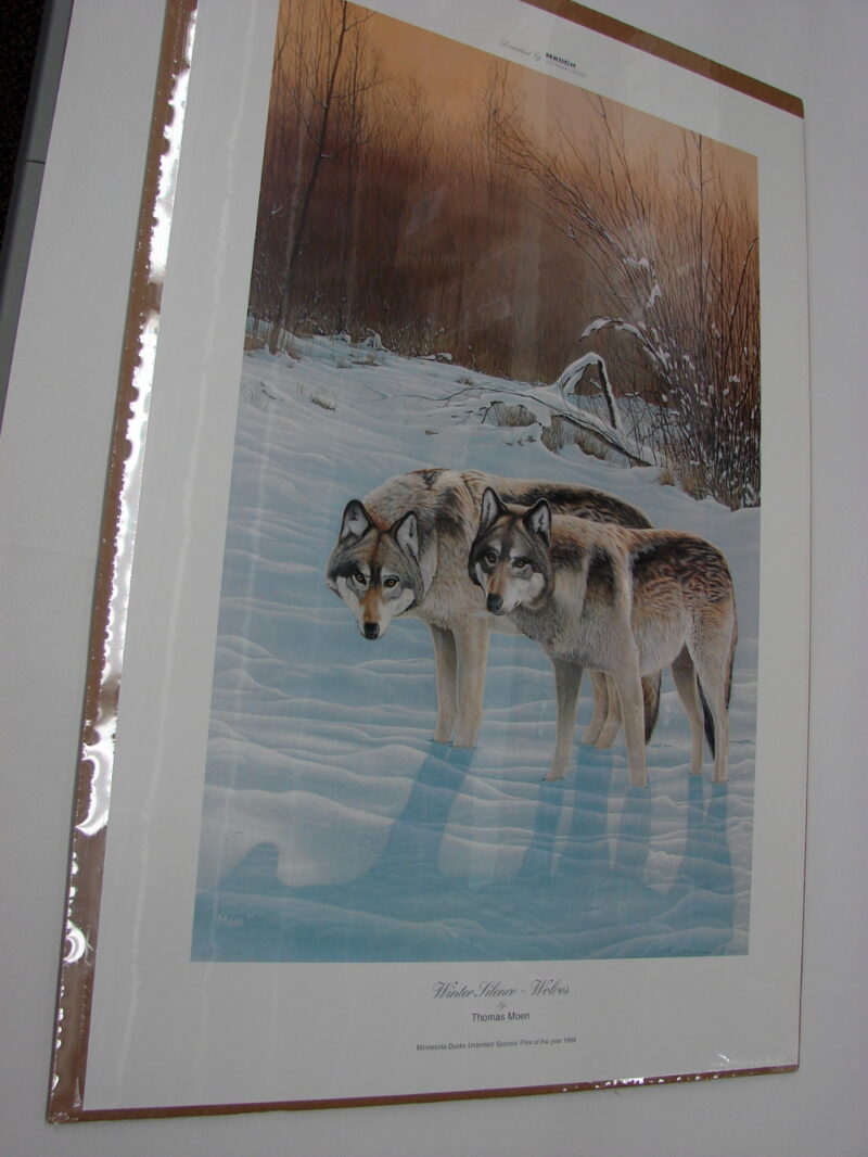 NOS Print Thomas Moen Winter Silence Wolves Pair of Two Wolf, Moose-R-Us.Com Log Cabin Decor