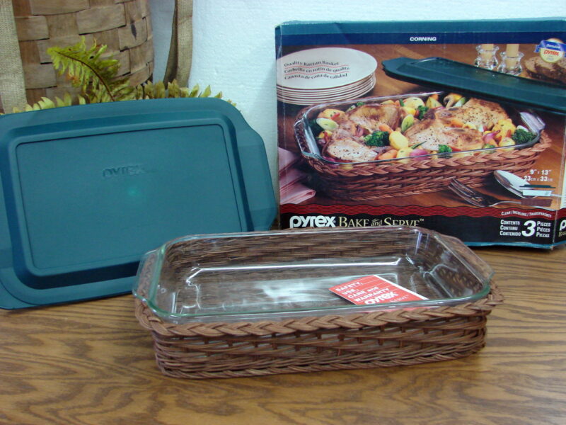 Pyrex Bake &#038; Serve By Corning 3 Piece Set Casserole Dish Basket &#038; Lid New in Box, Moose-R-Us.Com Log Cabin Decor