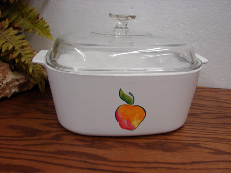 Vintage Corning Ware USA Fruit Basket Peach 5 Ltr Casserole w/ Pyrex Lid, Moose-R-Us.Com Log Cabin Decor