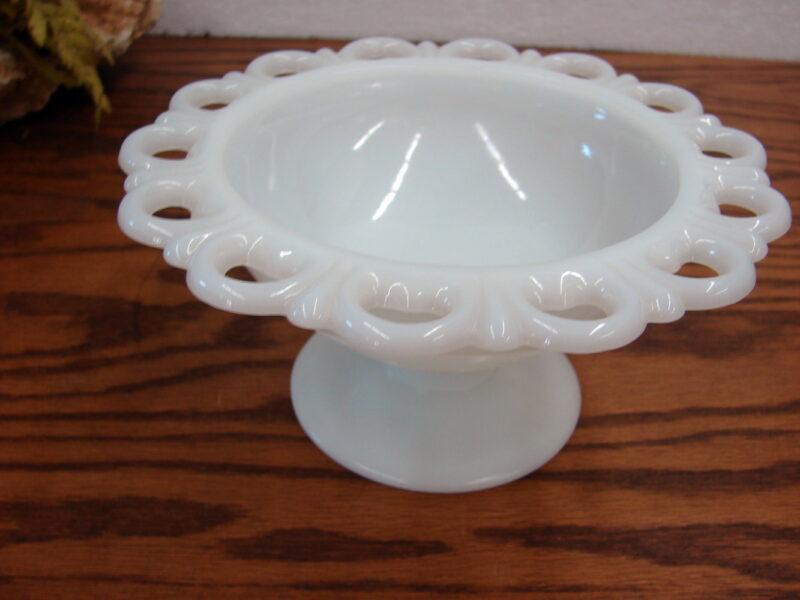 Vintage Anchor Hocking Milk Glass Lace Edge Pedestal Compote, Moose-R-Us.Com Log Cabin Decor