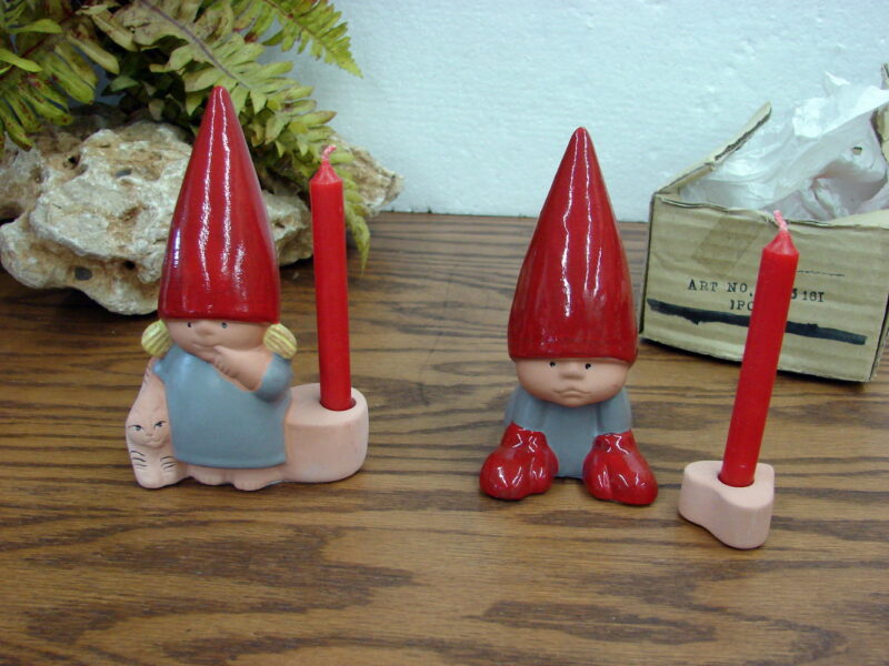 Vintage Lisa Larson Design Stoneware Gnome Tomte Candle Holder Pair w/ Cat, Moose-R-Us.Com Log Cabin Decor