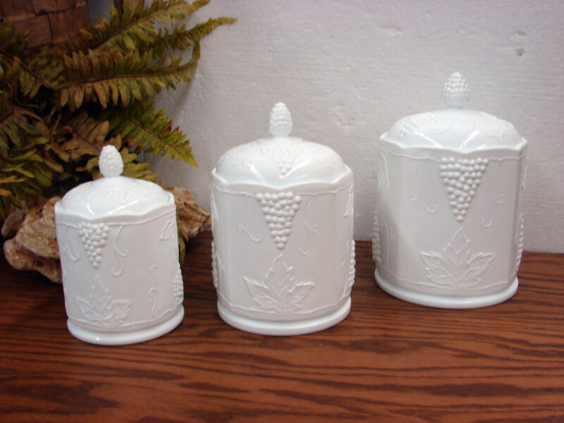 Vintage Indiana Glass Milk Glass Harvest Grape 3 Pc Canister Set w/ Lids, Moose-R-Us.Com Log Cabin Decor