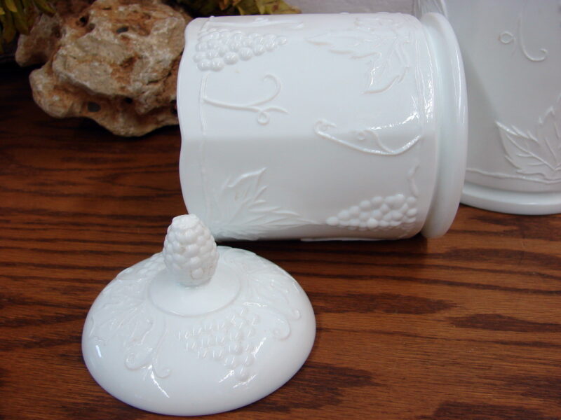 Vintage Indiana Glass Milk Glass Harvest Grape 3 Pc Canister Set w/ Lids, Moose-R-Us.Com Log Cabin Decor