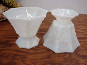 Set/3 Vintage Anchor Hocking Old Colony Milk Glass Lace Edge Compotes Plates, Moose-R-Us.Com Log Cabin Decor