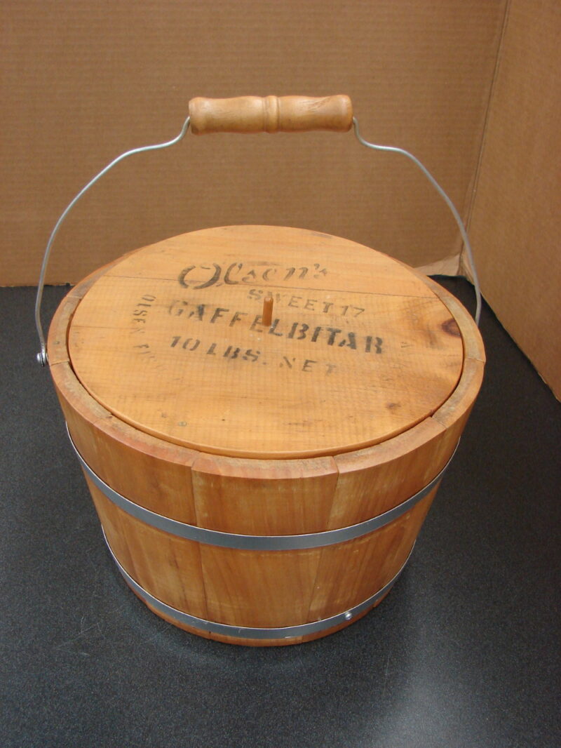 Vintage Advertising Wood Bucket w/ Lid Olsen&#8217;s Herring Fish Wooden Slat Pail, Moose-R-Us.Com Log Cabin Decor