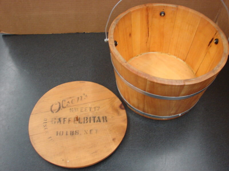 Vintage Advertising Wood Bucket w/ Lid Olsen&#8217;s Herring Fish Wooden Slat Pail, Moose-R-Us.Com Log Cabin Decor