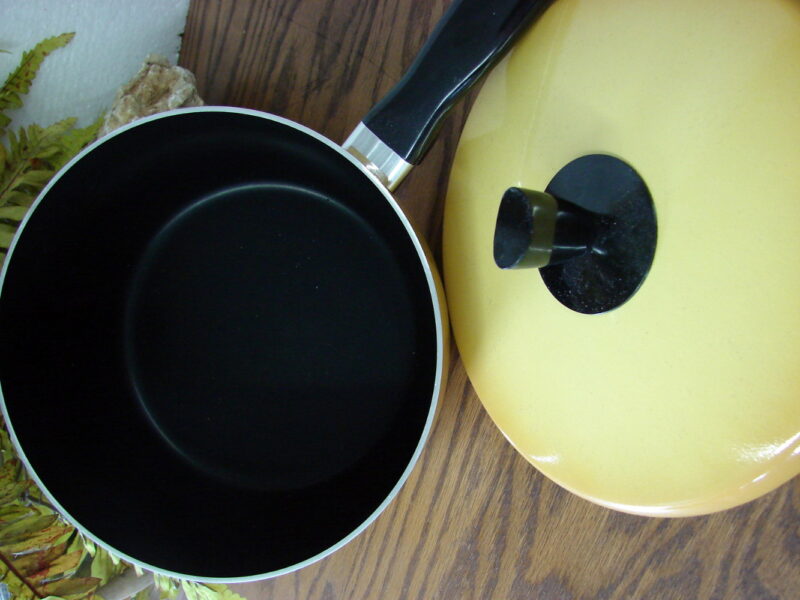 Vintage Wear-Ever Brand New Sauce Pan Bounty Mustard Yellow Fade 2 Qt, Moose-R-Us.Com Log Cabin Decor