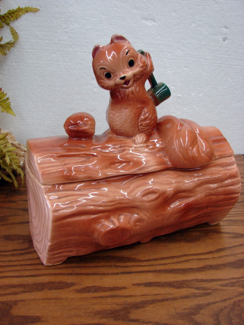 Vintage Brush McCoy Pottery Cookie Jar Squirrel on Log with Nut, Moose-R-Us.Com Log Cabin Decor