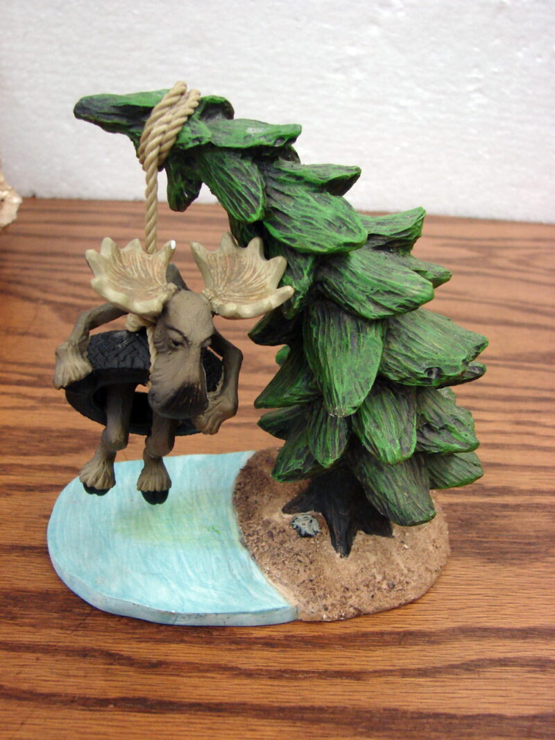 Retired Big Sky Carvers Mountain Mooses Phyllis Driscoll Moose in Tire Swing, Moose-R-Us.Com Log Cabin Decor