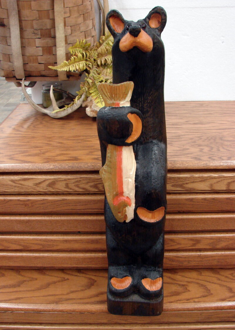 Big Sky Carvers Jeff Fleming Bearfoots Bear Wood Carved Bear Standing w/ Trout Fish, Moose-R-Us.Com Log Cabin Decor