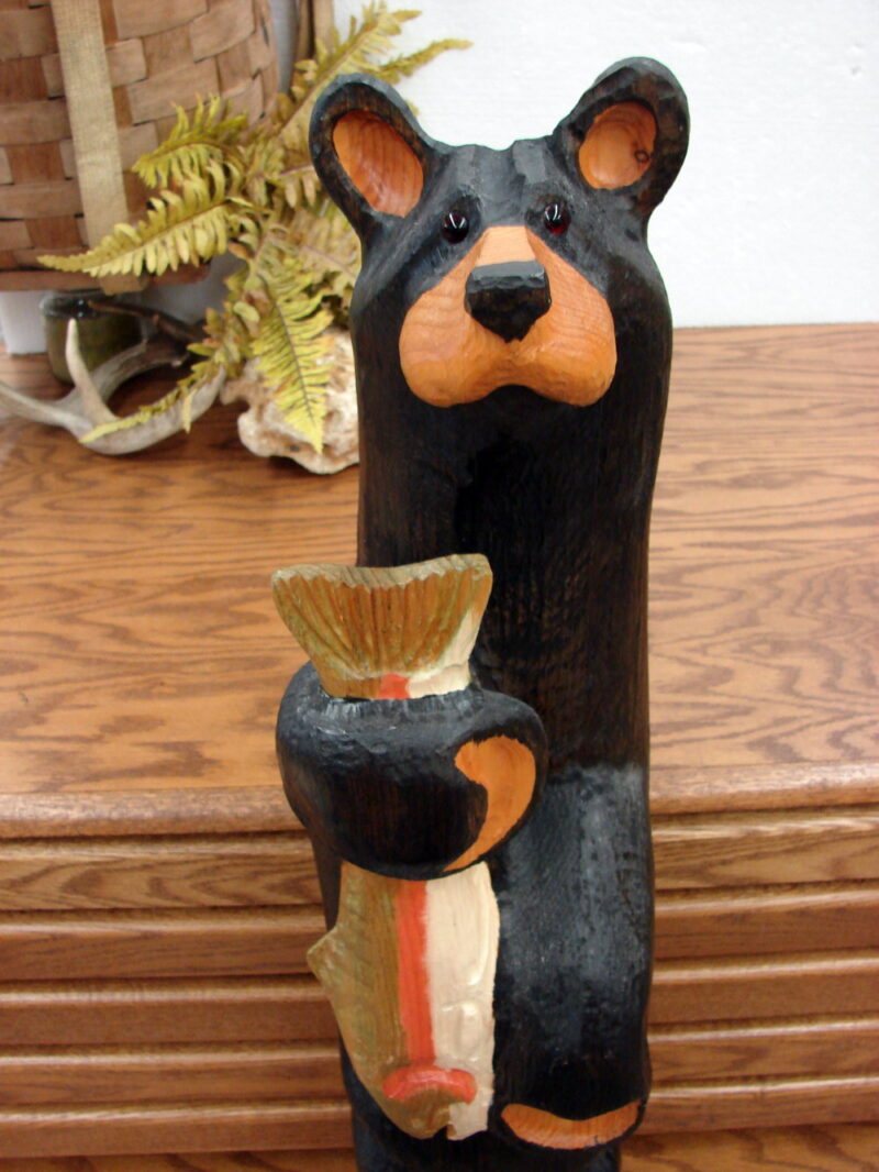 Big Sky Carvers Jeff Fleming Bearfoots Bear Wood Carved Bear Standing w/ Trout Fish, Moose-R-Us.Com Log Cabin Decor