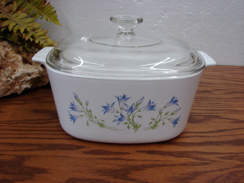 Corning Ware Blue Dusk Bell Flower Casserole 3 Quart w/ Lid, Moose-R-Us.Com Log Cabin Decor