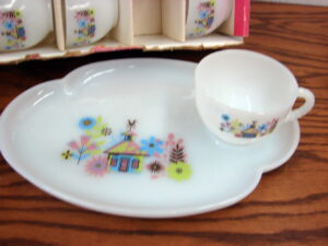 Vintage Federal Glass Co Blossom Milk Glass Snack Set 7 Pcs., Moose-R-Us.Com Log Cabin Decor