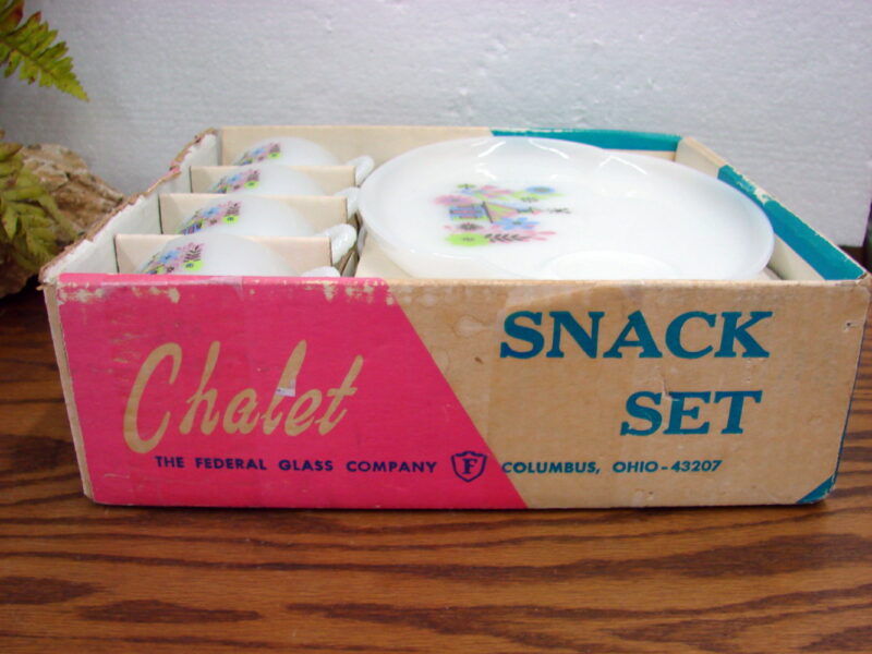 Vintage Federal Glass Milk Glass Chalet Cottage 8 Pc Snack Set Original Box, Moose-R-Us.Com Log Cabin Decor