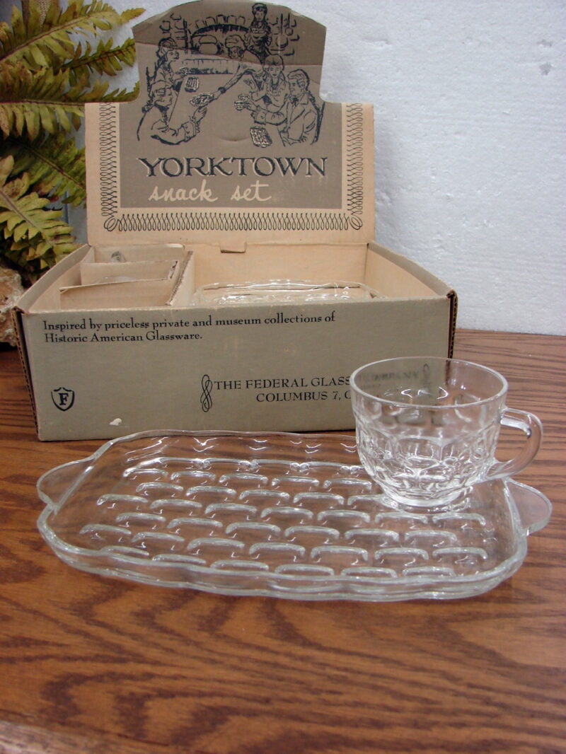 Vintage Federal Clear Glass Yorktown Thumb Print Snack Set in Original Display Box, Moose-R-Us.Com Log Cabin Decor