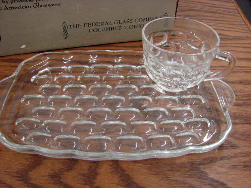 Vintage Federal Clear Glass Yorktown Thumb Print Snack Set in Original Display Box, Moose-R-Us.Com Log Cabin Decor