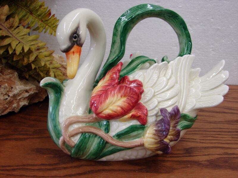 As Is Fitz and Floyd Swan Tulip Teapot Complete Repaired Handle, Moose-R-Us.Com Log Cabin Decor