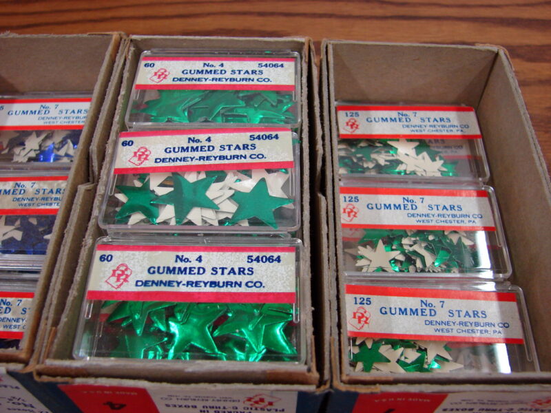 4,750 Vintage Gummed Foil Stars Old School Homework Red Green Silver Blue Original Boxes, Moose-R-Us.Com Log Cabin Decor