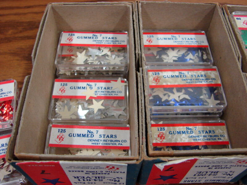 4,750 Vintage Gummed Foil Stars Old School Homework Red Green Silver Blue Original Boxes, Moose-R-Us.Com Log Cabin Decor